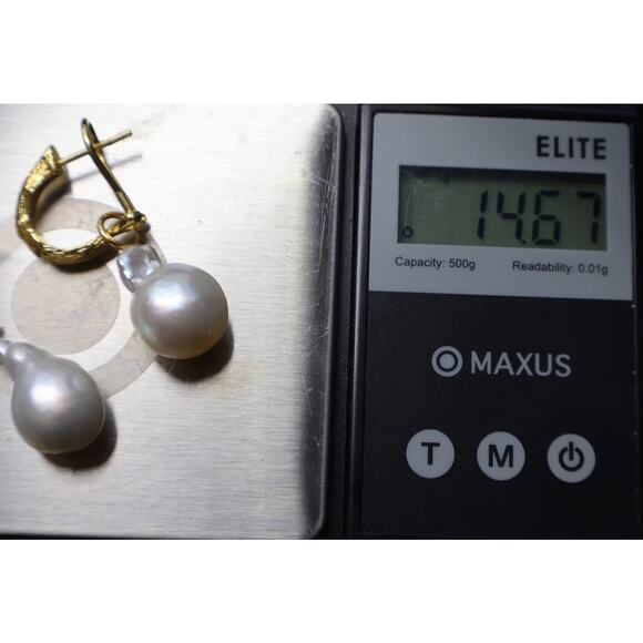 18k Yellow Gold Diamond & Pearl Hoop Earrings 14.67G/1.4in - Picture 7 of 8